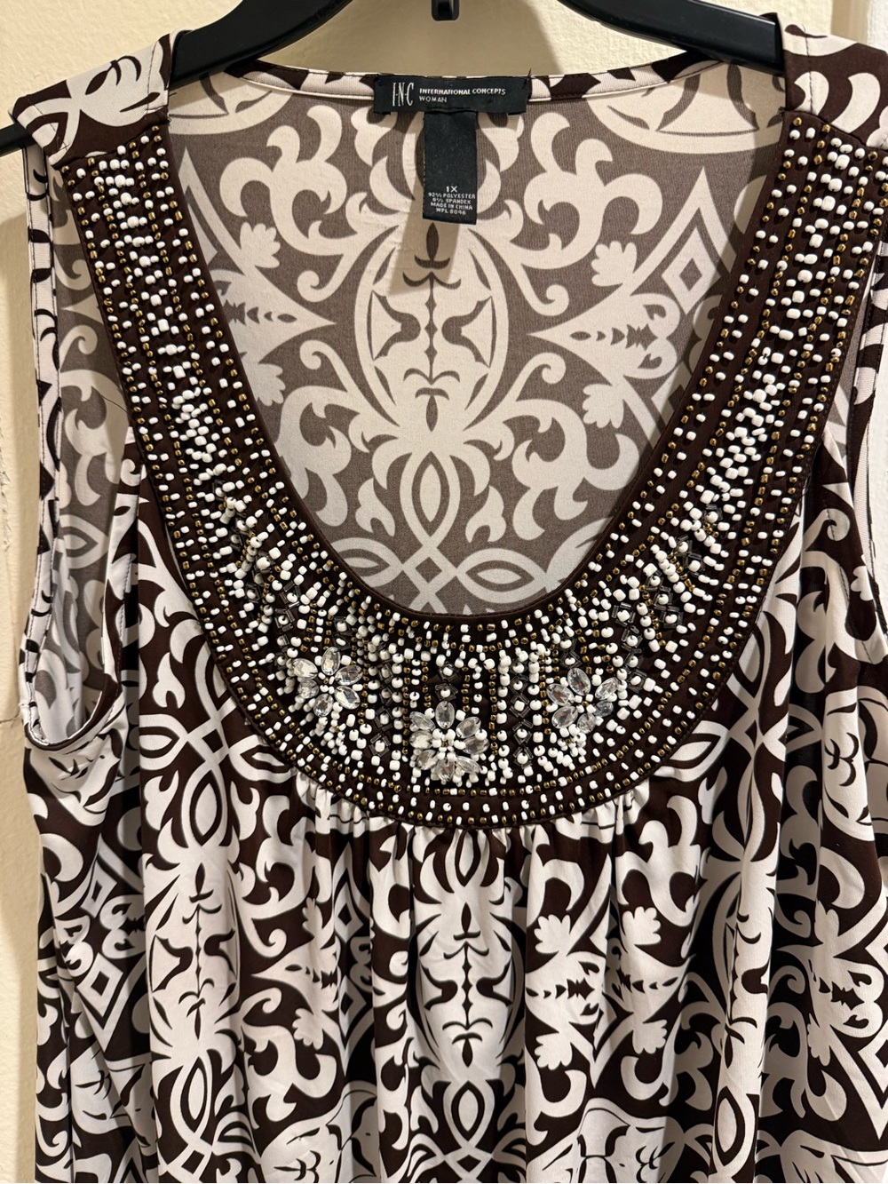 INC International Concepts Brown & White Beaded Scoop Neck Tank
